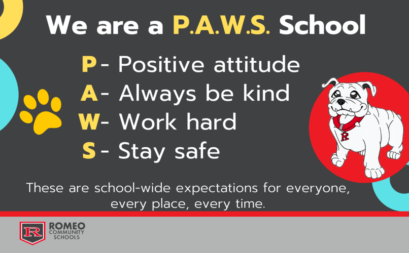 We Are a P.A.W.S School. Positive attitude, Always be kind, Work hard, Stay safe